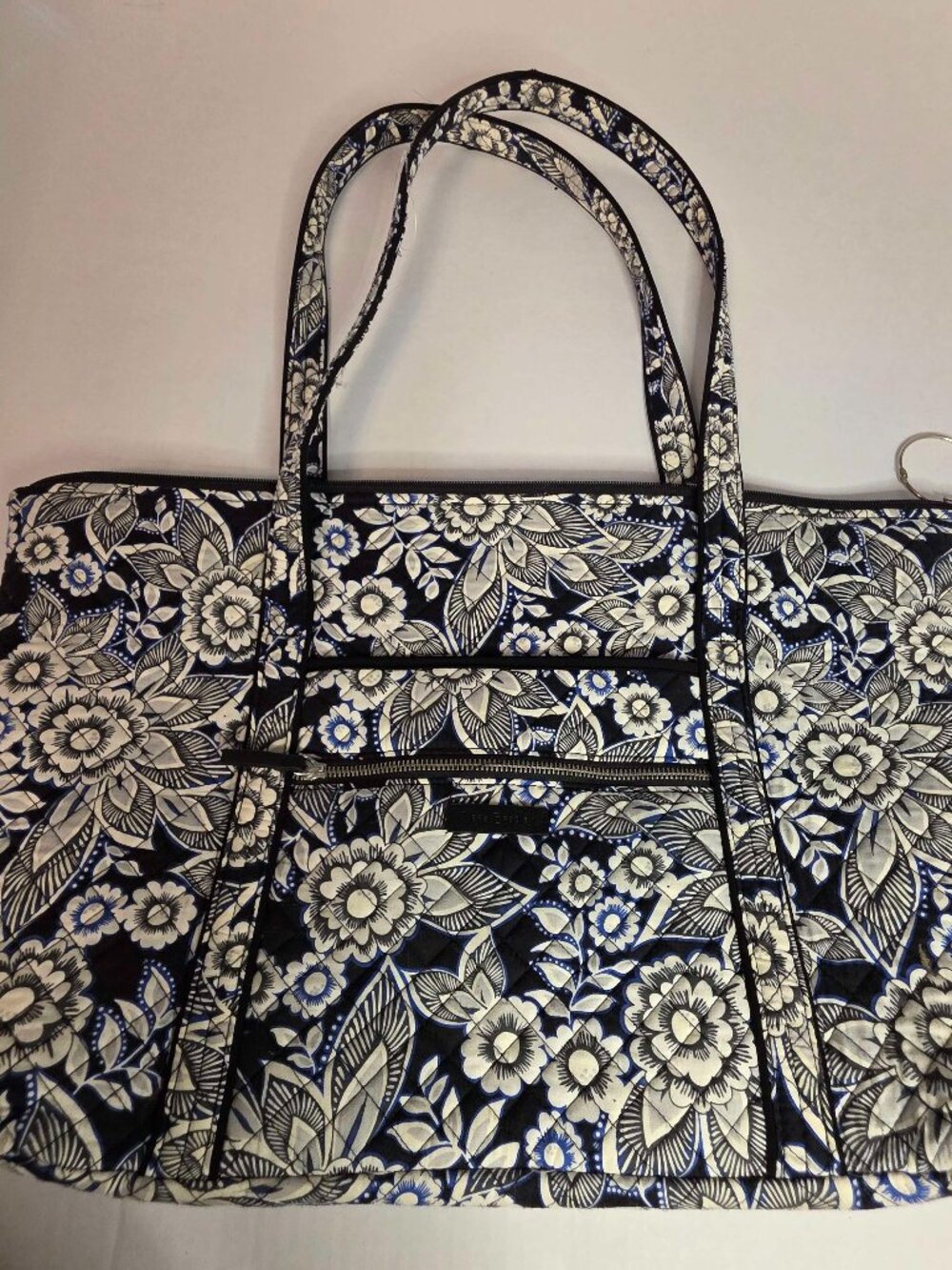 Vera Bradley Black White Blue Floral Quilted Cotton Tote Bag